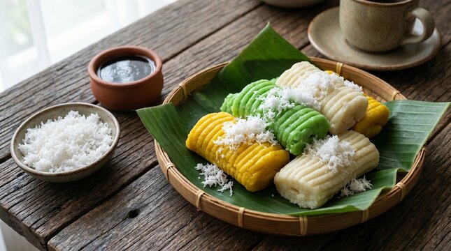 Traditional Indonesian tricolor getuk lindri steamed cassava cakes topped with shredded coconut on a banana leaf bamboo basket tray, served with hot tea.