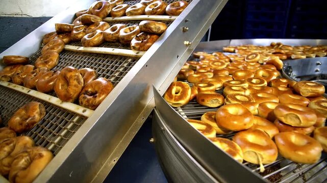 Cinematic View Of Bagel Bread Making Process In Factory