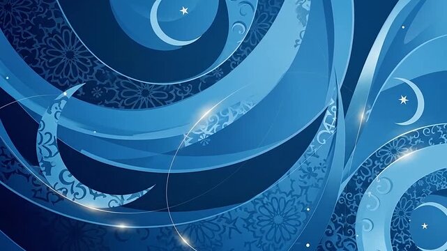 Abstract blue Islamic background with crescent moons and floral patterns