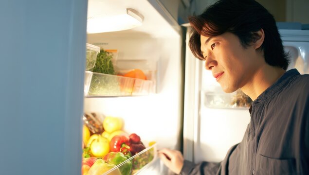 冷蔵庫の中を覗く若い男性
