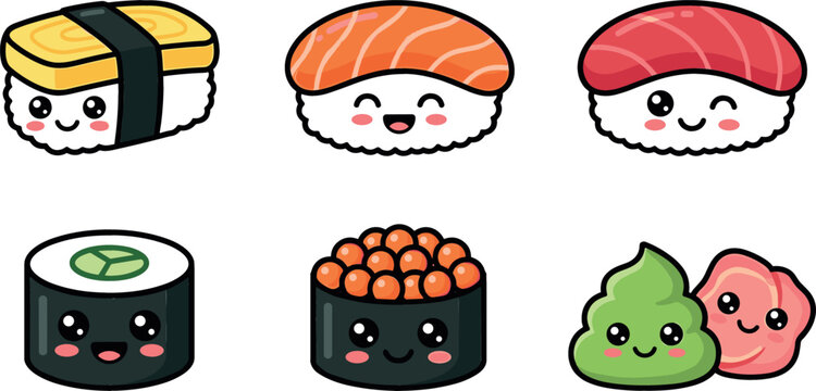 Cute Kawaii Japanese Sushi Icon Collection Vector Featuring Tamago Nigiri Salmon Tuna Hosomaki Ikura Gunkan Wasabi and Pickled Ginger Stickers