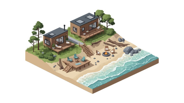 Modern Isometric Tiny Houses on Tropical Beachfront with Ocean Waves and Fire Pit