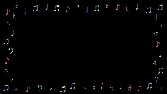 カラフルな手書きの音符や音楽記号が波打ちして画面を囲むループ枠素材