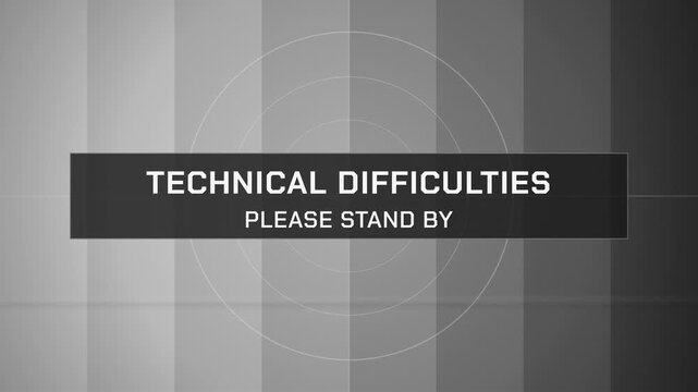 Technical difficulties text on retro gray television test pattern