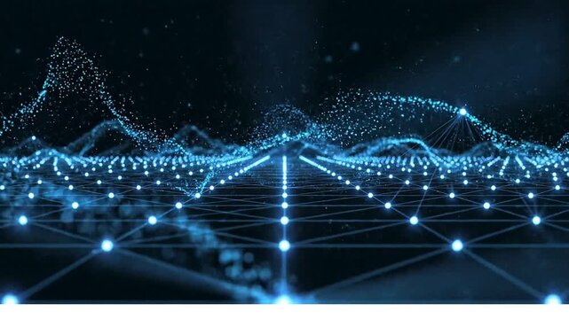 Futuristic digital network visualization with abstract data connections and advanced technology grid, representing big data analysis and interconnected systems for future innovation