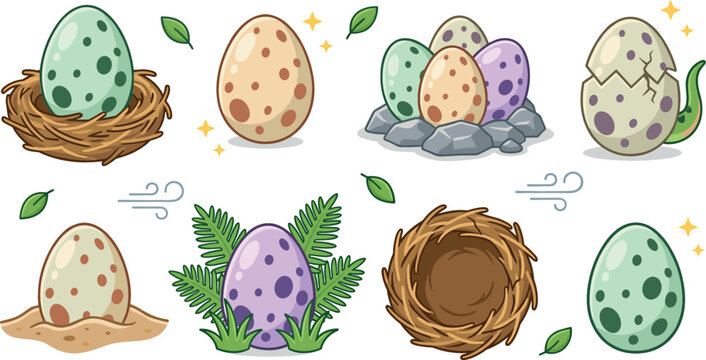 Cute dinosaur egg vector sticker elements set featuring cartoon colorful speckled eggs in bird nest on rocks hidden in sand and fern leaves hatching