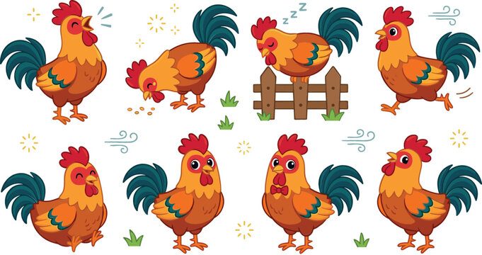 Cute cartoon rooster character sticker elements set with farm cockerel crowing in morning eating seeds sleeping on fence walking and standing playfully