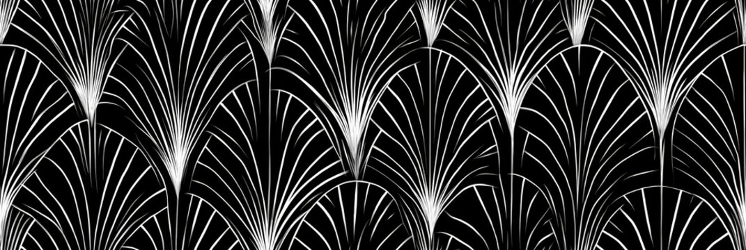 Seamless Art Deco geometric fan repeating pattern. Seamless Art Deco pattern featuring radiating white lines and dots on a black background