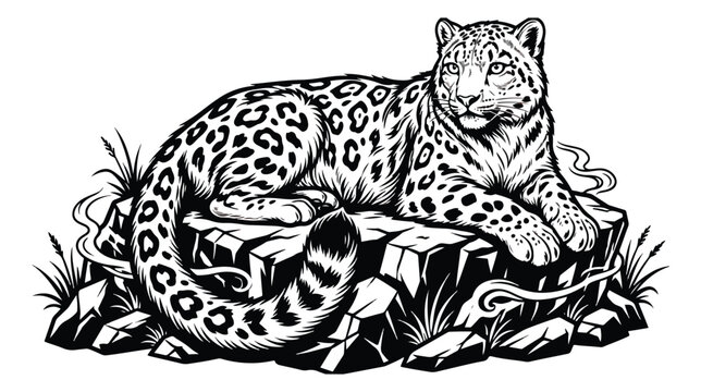 Vintage snow leopard vector illustration, majestic wild cat resting on mountain rocks, black and white leopard line art for wildlife conservation