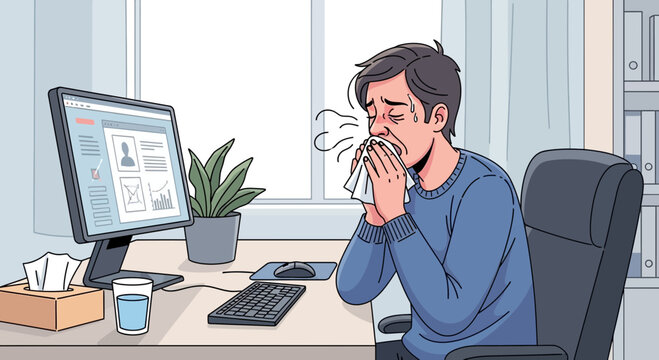Sick Worker Sneezing With A Tissue While Working In The Office Environment Display