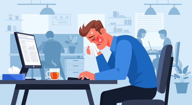 Sick Worker Shows Symptoms While Working at the Office Depicting A Healthcare Emergency