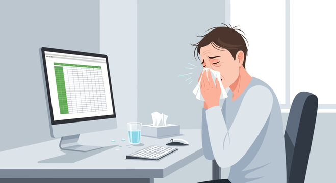 Sick Office Worker Blowing Nose While Working On Spreadsheet In Modern Office Environment