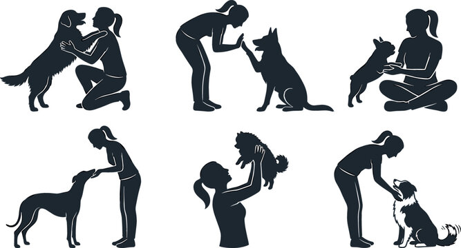 Dog Training and Pet Care Silhouette Icon Collection Vector Featuring Women Interacting with Diverse Breeds for High Fives Hugs Feeding and Playing Activities
