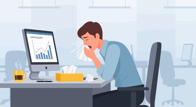 Sick Employee At His Desk With Low Productivity On The Computer Display