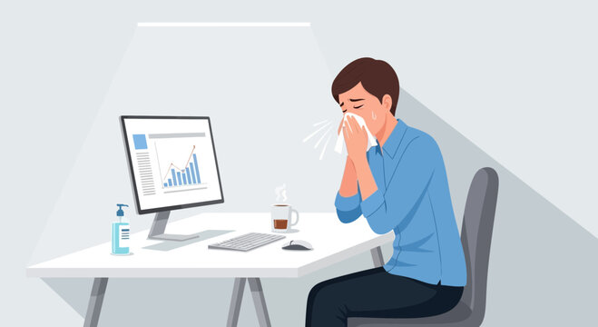 Sick Employee Sneezing at Workplace, Displaying Symptoms, Working From Workstation