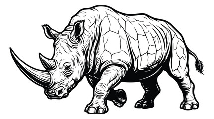 Vintage rhinoceros woodcut illustration, hand drawn black and white rhino vector, powerful african rhinoceros wildlife mascot for logo design © ishrat