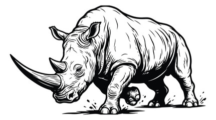 Vintage rhinoceros woodcut illustration, hand-drawn black and white rhino vector, powerful african wildlife animal sketch for logo design © ishrat