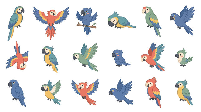 Collection of colorful cartoon parrots in various poses, flying and perched, isolated on white background.