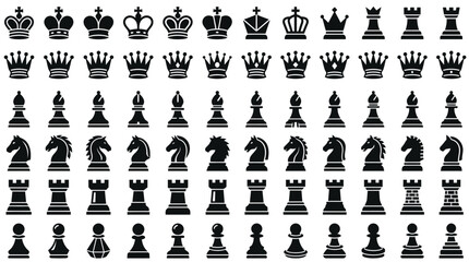 Collection of black chess pieces silhouettes on a white background, including kings, queens, rooks, bishops, knights, and pawns. © Eza
