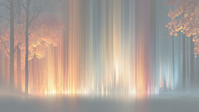木立の間に垂直に伸びるオレンジ色と青色の光の柱の抽象的な森の風景
