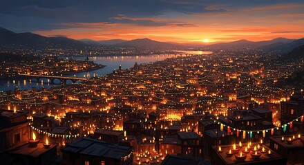 Naklejka premium Diwali festival lights cityscape at sunset