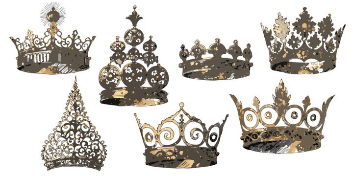 Collection of ornate and intricate crowns and tiaras illustration with crown jewel kingship queenship monarchy nobility heraldry illustration intricate graphics accessory headpiece symbolic