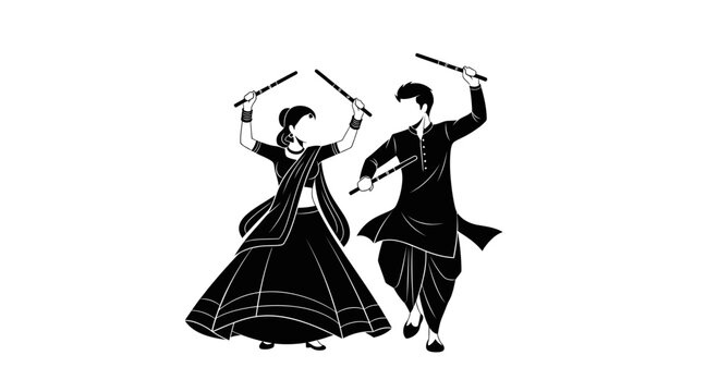 Dandiya Raas Couple Silhouette Illustration