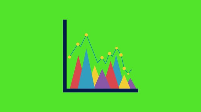 Animated financial chart showing growth and decline of colorful triangular peaks with line graph path markers over light gray background and green screen chroma key footage for motion graphic design.