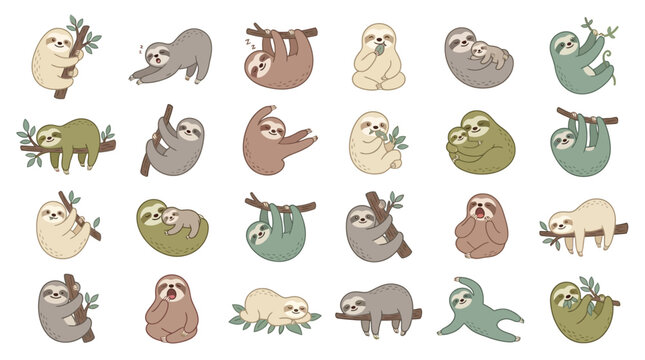 Collection of cute cartoon sloths in various poses, hanging on branches and showing different emotions, perfect for children's designs.