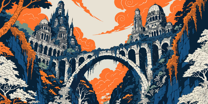 Fantasy illustration of a castle with a bridge and trees in the background architecture medieval fortress drawbridge battlement stronghold residence dwelling habitation accommodation