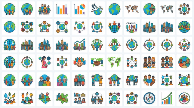 Collection of flat icons representing global business, teamwork, and data analysis with world maps and people.