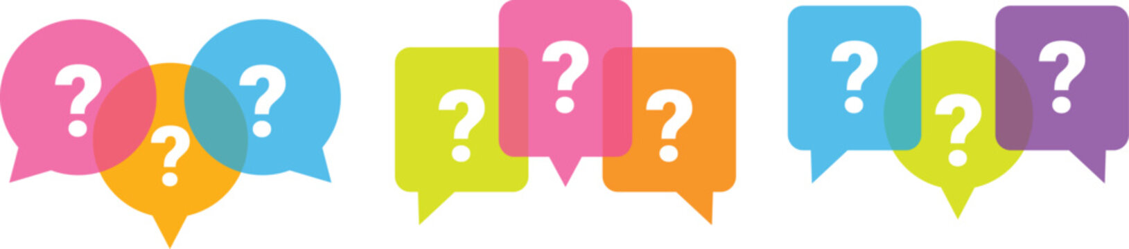 Colorful speech bubble question mark vector set. Overlapping chat icons representing FAQ, help, and query discussions. Simple message graphic templates isolated on white.