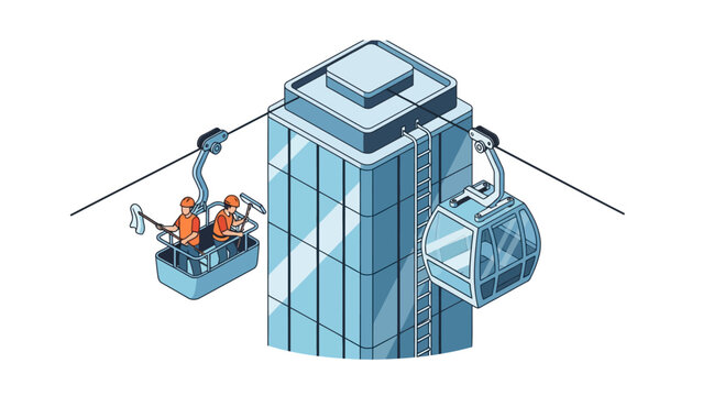 Isometric Skyscraper Illustration with Window Washers and Urban Cable Car. Modern High-Rise Building Maintenance and City Transport Vector Design.