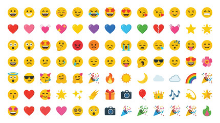 A large collection of colorful emojis and icons representing various emotions, objects, and symbols.