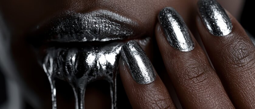 Macro sensual face, dark skin, hand with metallic silver nails touching lips dripping with molten silver paint, high fashion