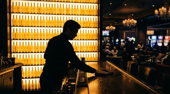 Silhouette of bartender at luxury bar with glowing bottles.