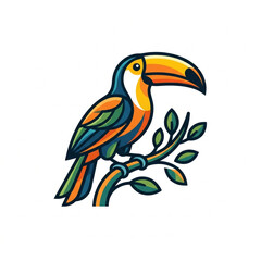 Fototapeta premium Colorful Toucan Bird Perched on a Branch with Leaves.