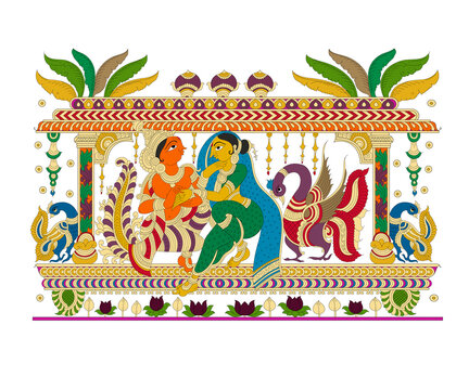 Traditional Indian Kalamkari Folk Art Couple with Ornamental Peacock and Decorative Temple Border