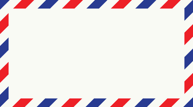 Airmail envelope border vector background. Vintage post mail template with classic red and blue diagonal stripes. Simple blank letter frame graphic for travel and post theme.