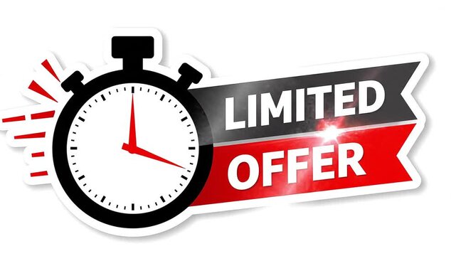 Last minute limited offer with clock for sale promo, button, logo or banner or red background. Hurry up sale label with time countdown for limited offer sale or exclusive deal. Special offer 4k    