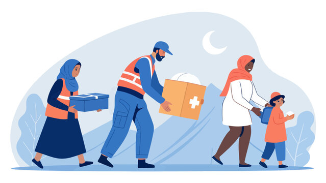 Diverse group of people carrying aid boxes and helping each other at night