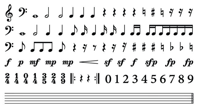 A collection of various musical notes symbols and rhythmic signs arranged neatly on white paper