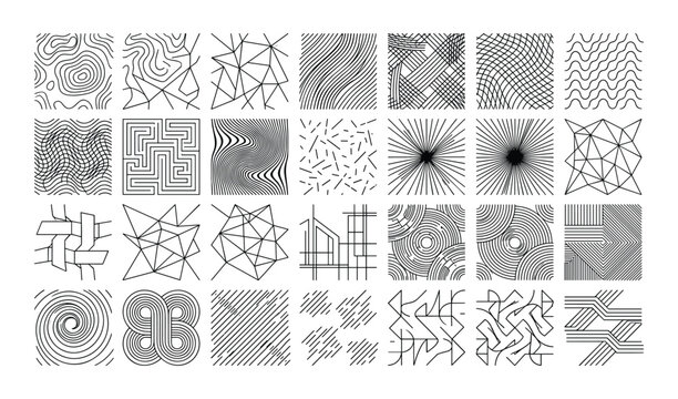 Abstract black and white geometric line art grid with twenty-five unique patterns featuring wavy lines, concentric circles, and maze-inspired designs for modern creative projects