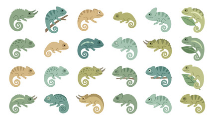 A collection of colorful chameleons in various poses and colors, showcasing their unique features and diversity. © Pink