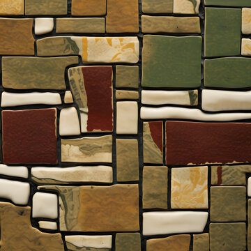 Stylized geometric stone wall texture background, abstract masonry pattern in earth tones green and brown