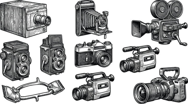 Vintage and Retro Camera Evolution Vector Set Featuring Antique Box Bellows Twin Lens Reflex Film Camcorder Cinema and Modern DSLR Photography Equipment