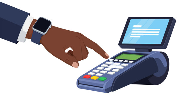 Dark-Skinned Hand Entering PIN Code on POS Terminal for Payment Transaction, Flat Vector Illustration