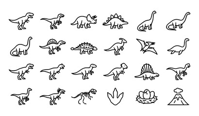 Dinosaur Outline Icon Collection Featuring Tyrannosaurus Triceratops Stegosaurus Velociraptor Brachiosaurus and Fossil Elements © Keyapayal