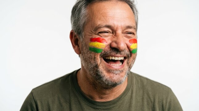 Laughing older man with country flag face paint
