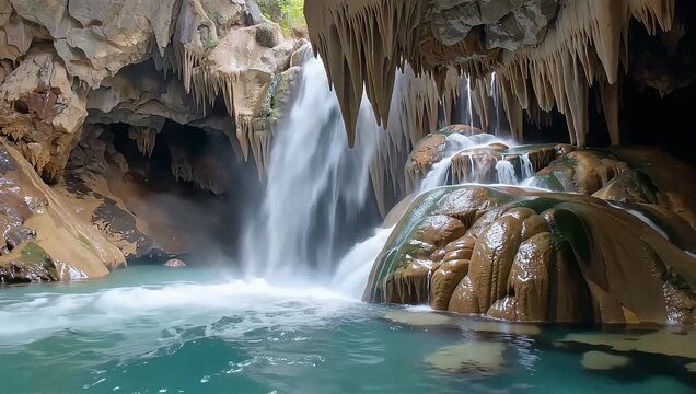 Mystical underground river waterfall cascading through a deep limestone cave formations gorge.